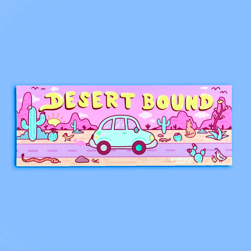 desert bound cute pink bumper sticker with car