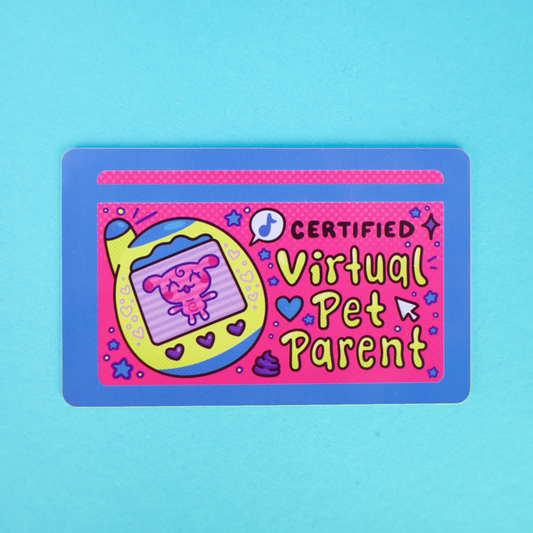 Two blue cards with pink and yellow graphics on a light blue background. The top card reads 'CERTIFIED Virtual Pet Parent' with a Tamagotchi illustration, and the bottom card shows rules and a barcode with a cartoon pet illustration.