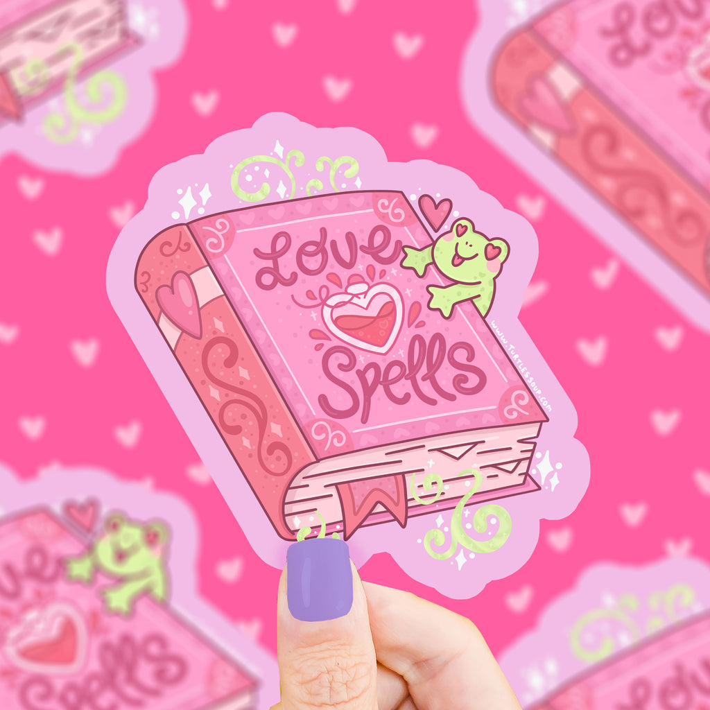 Love Spells Pink Spellbook Witchy Frog Art Valentine's Day Vinyl Sticker