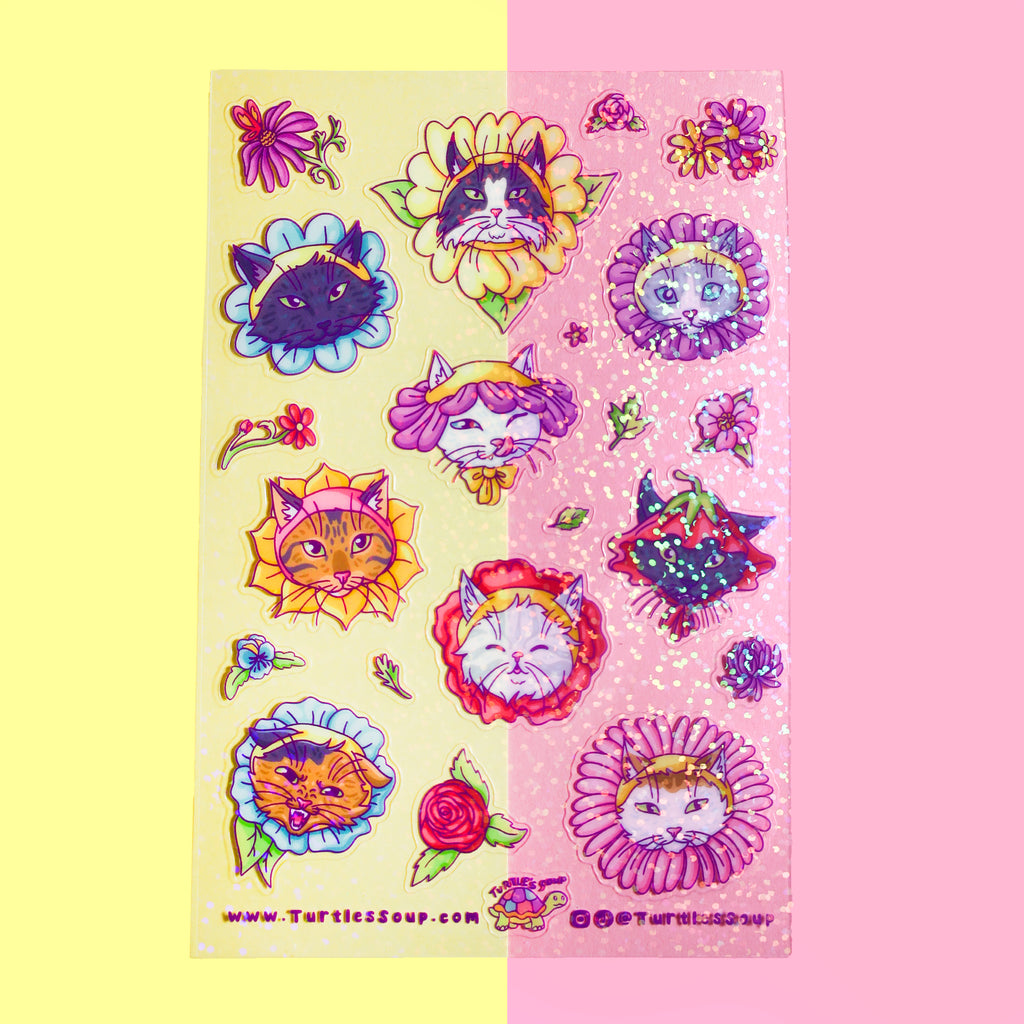 Flower Hat Kitties Sticker Sheet, Flower Cat Stickers, Glitter Kitty Sticker Sheet, Planner and Journal Stickers, Sticker Sheet Art