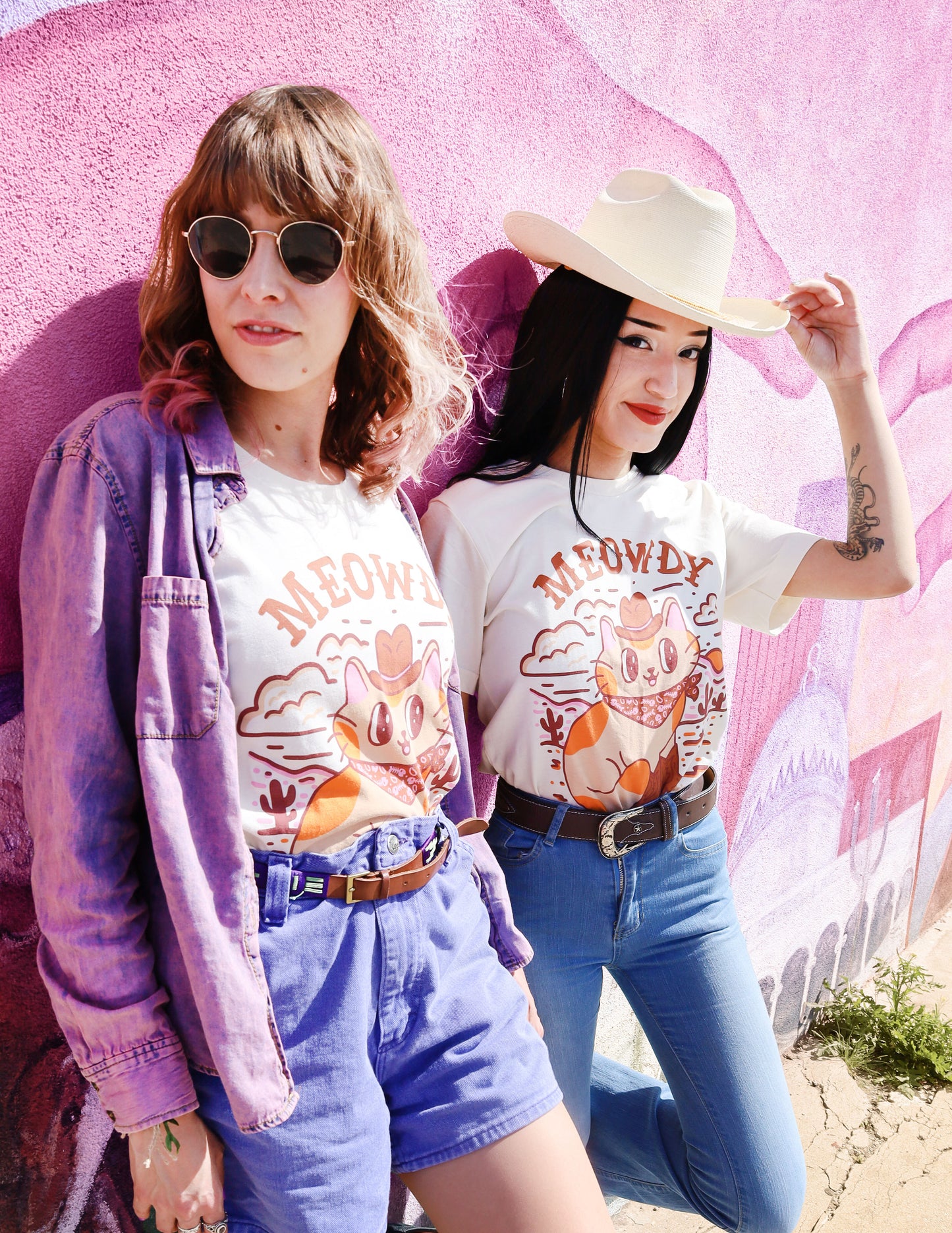 models wearing meowdy cowboy cat shirts