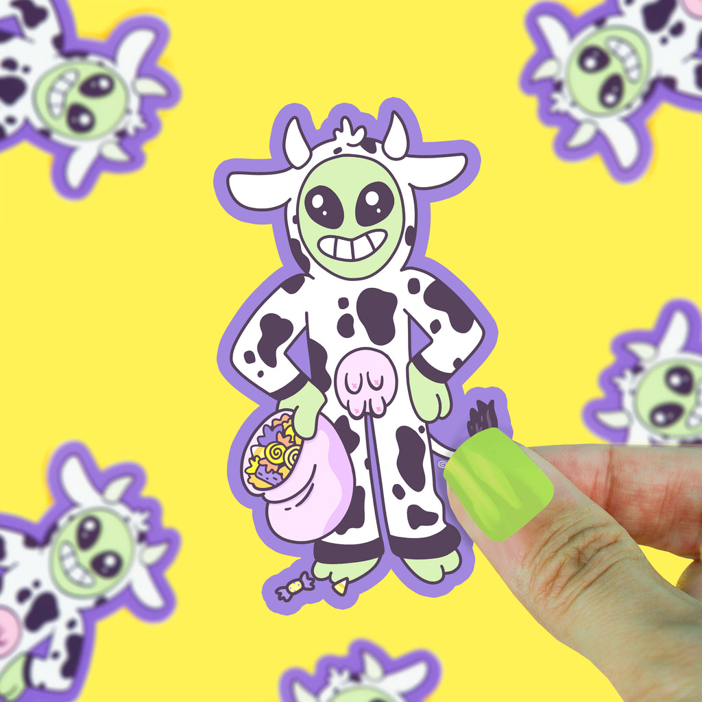 Alien-Cow-Costume-Halloween-Buddies-Vinyl-Sticker-for-Waterbottle-Trick-Or-Treat-Cute-Decal-for-Kids-by-Turtles-Soup-UFO