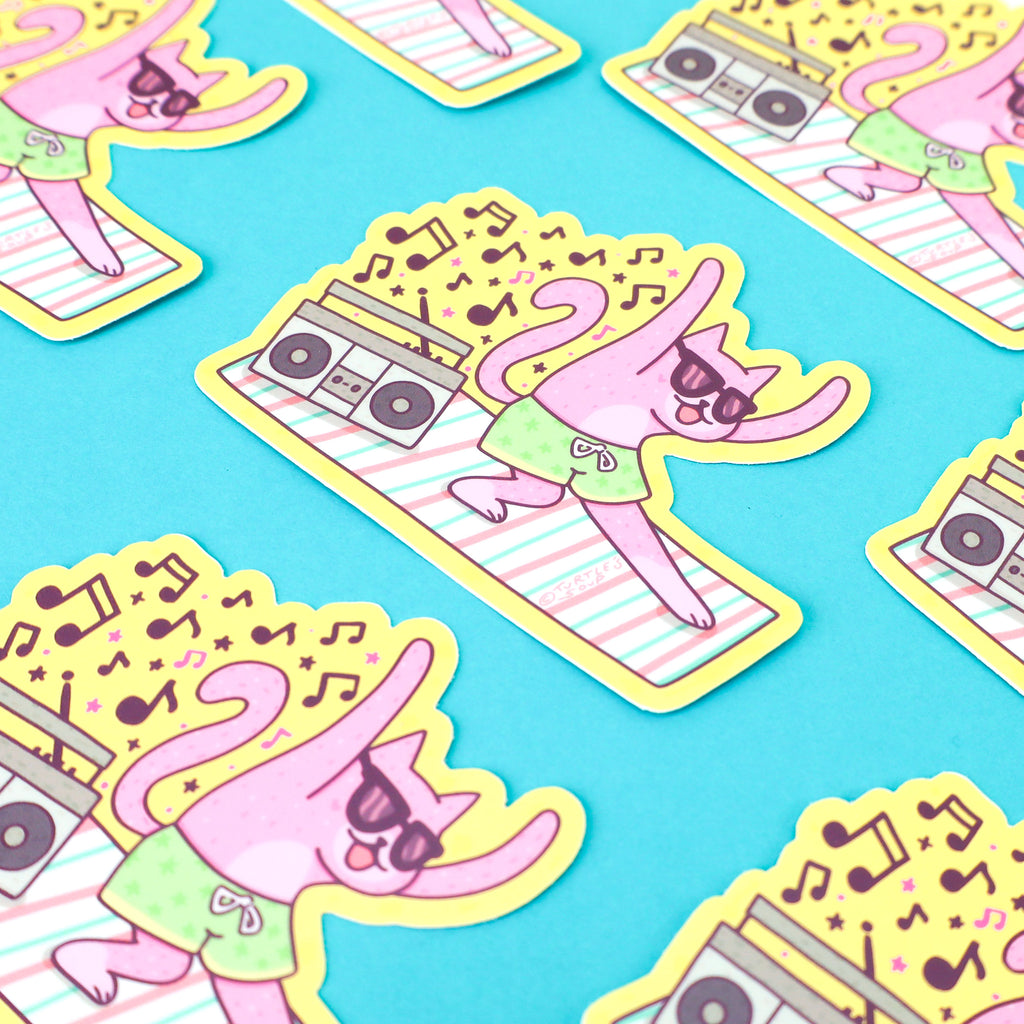 Beach-Buddy-Cat-Jamming-Out-Boppin-Music-Boombox-Sticker-Cute-Waterbottle-Cooler-Sticker-Funny-Art-by-Turtles-Soup