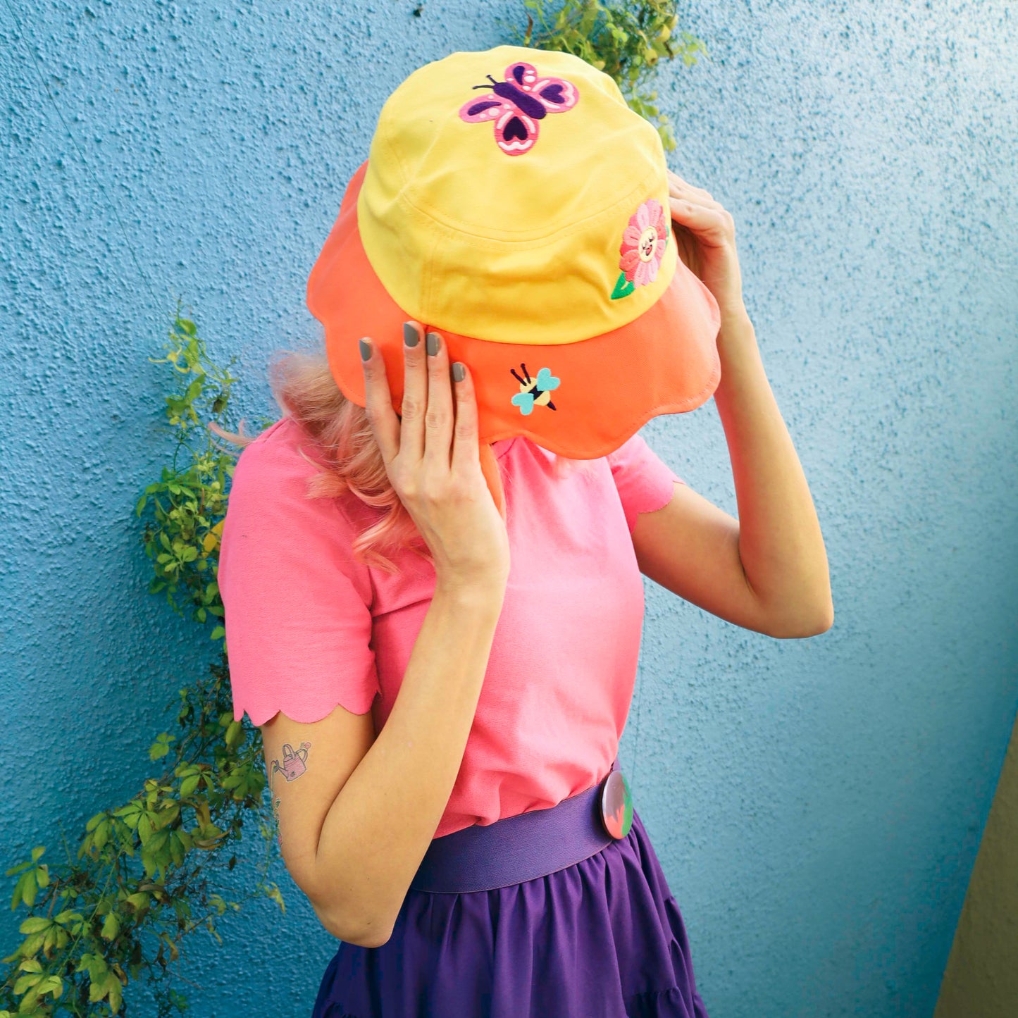 bucket hat by turtles soup with flower embroidery bees butterflies garending hat