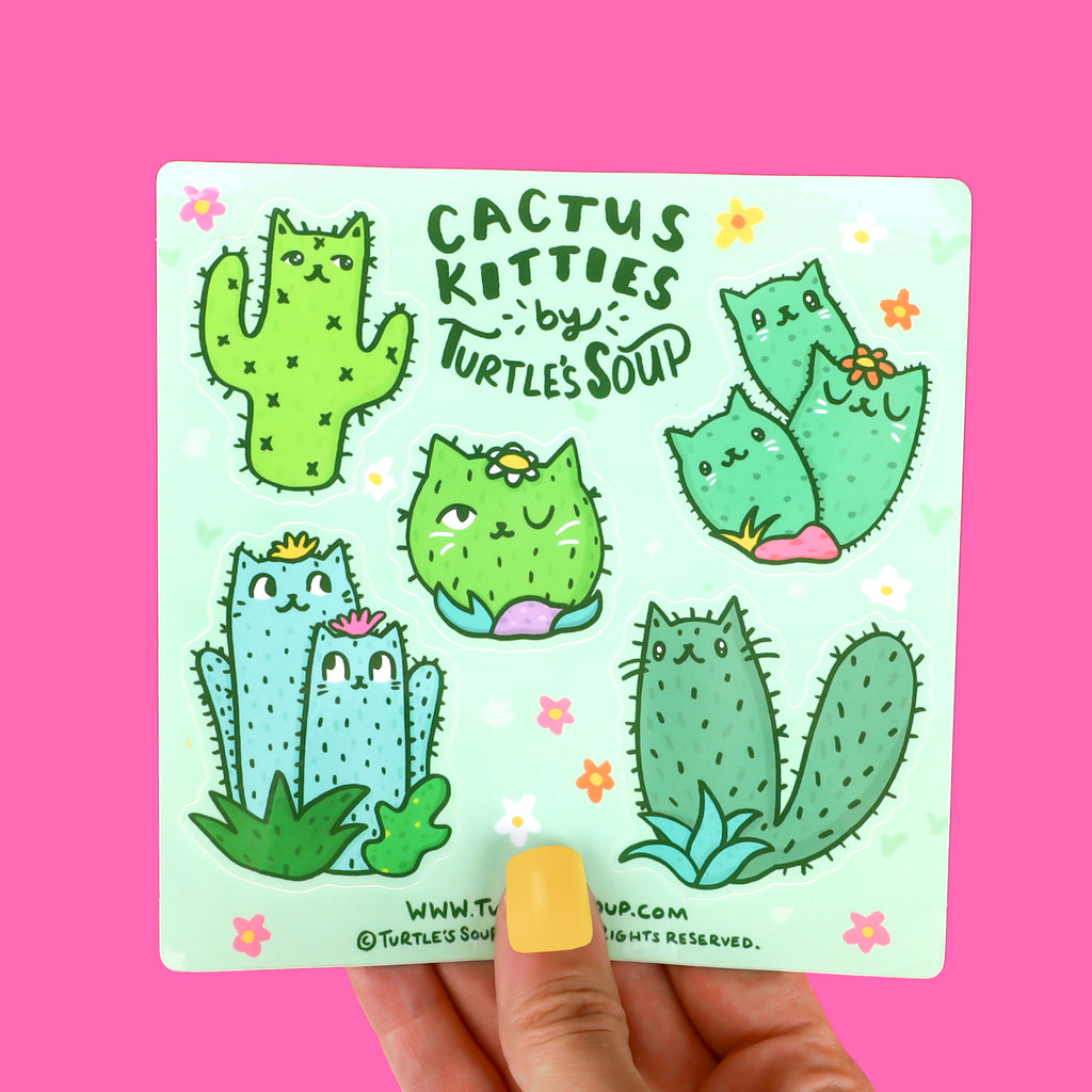 Cactus-Kitties-Sticker-Sheet-Cute-Cacti-Cats-Adorable-Sticker-Sheet-Waterproof-Weather-Resistant-High-Quality-Vinyl-Stickers-by-Turtles-Soup-Cute-Cactus-Cat-Art-Saguaro