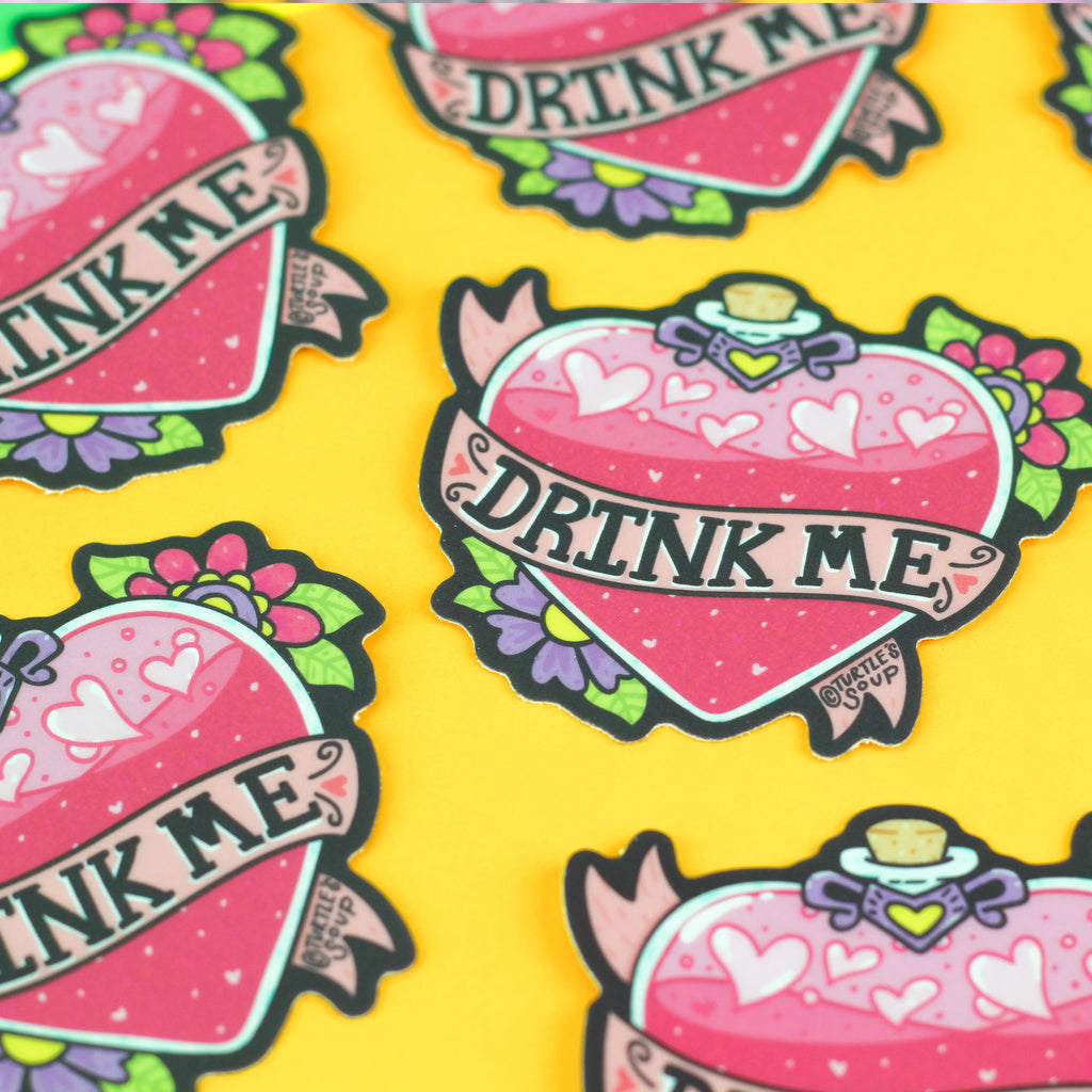 Drink Me Potion Glitter Decal, Holographic Love Potion Vinyl Sticker, Laptop, Water Bottle, Journal, Cute Flask, Witch, Pink, Hearts