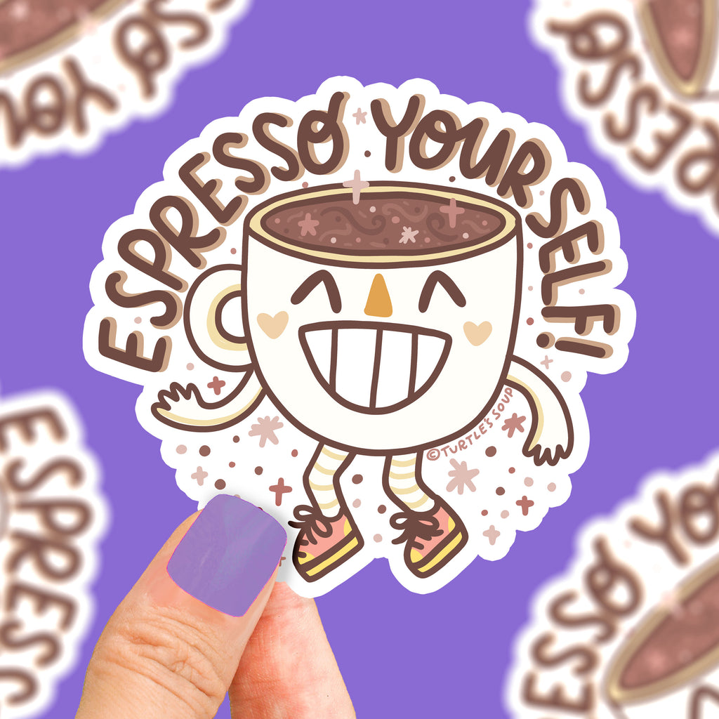 Espresso-Yourself-cute-coffee-latte-pun-punny-sticker-by-turtles-soup-sticker-art-for-coffee-cup