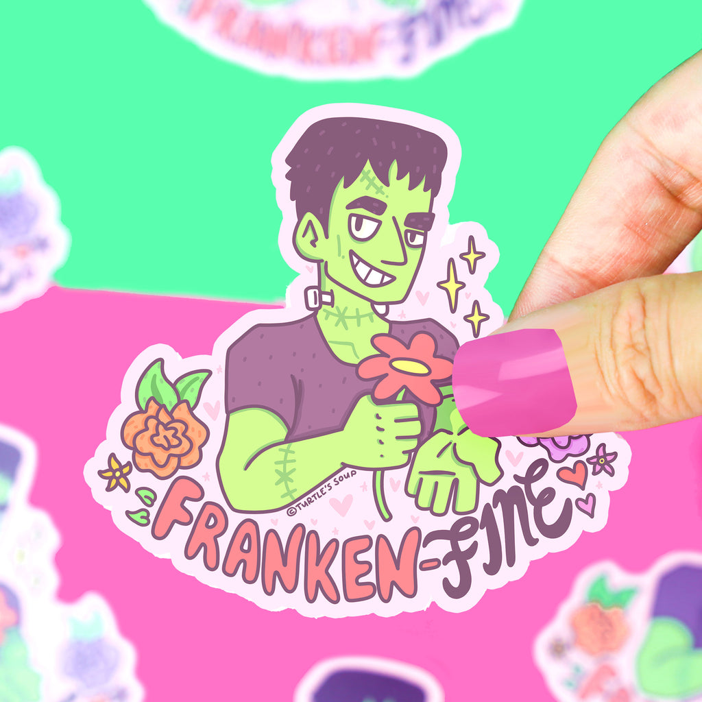Frankenstein-Franken-Fine-Pun-Punny-Sexy-Halloween-Hottie-Dating-Sticker-for-Girlfriend-Boyfriend-Romantic-Gift-Scary-Flowers-Floral-by-Turtles-Soup-Waterbottle-Sticker-Humor