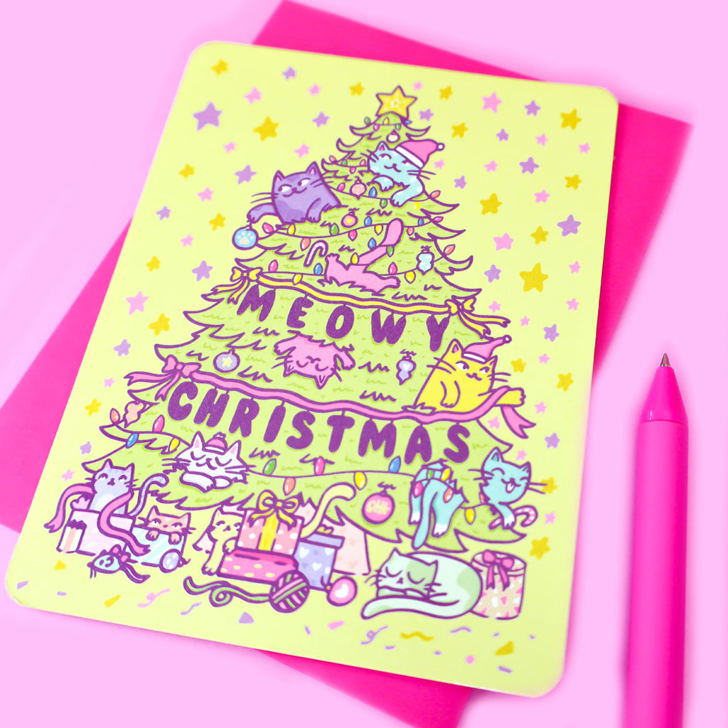 Funny-Cat-Christmas-Card-Meowy-Christmas-Cute-Holiday-Kitty-Cat-Card-for-Cat-Lover-Adorable-Cats-on-Christmas-Tree-Gifts-by-Turtles-Soup-Pastel