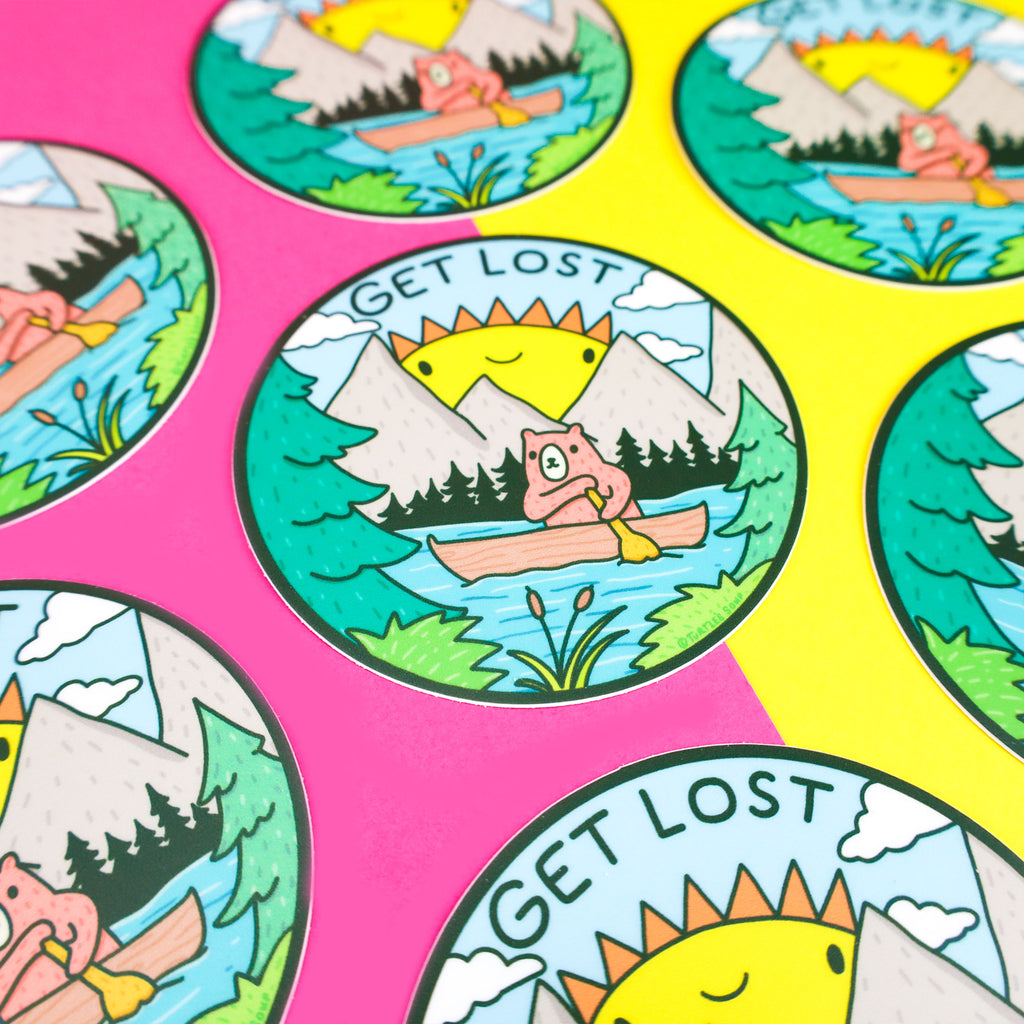 Get-Lost-Outdoorsy-Bear-Lake-Outdoors-Hiking-Adventure-Badge-Water-Bottle-Sticker-Turtles-Soup-Cute-Woods-Forest