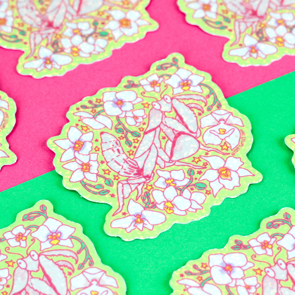Orchid Mantis Glitter Sticker,Orchid Mantis, Cute Stickers, Glitter Vinyl Sticker, Floral, Laptop Stickers, Pink, Praying Mantis, Insect Decal, Bugs, Turtle's Soup