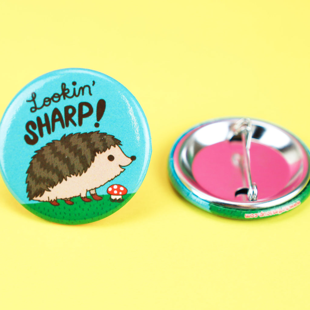 Lookin' Sharp Hedgehog Pin Back Button Badge, Funny Pun, Hedgehog, Woodland Animal Gift, Hedgehogs, Mushroom, Forest Animal, Book Bag Pin