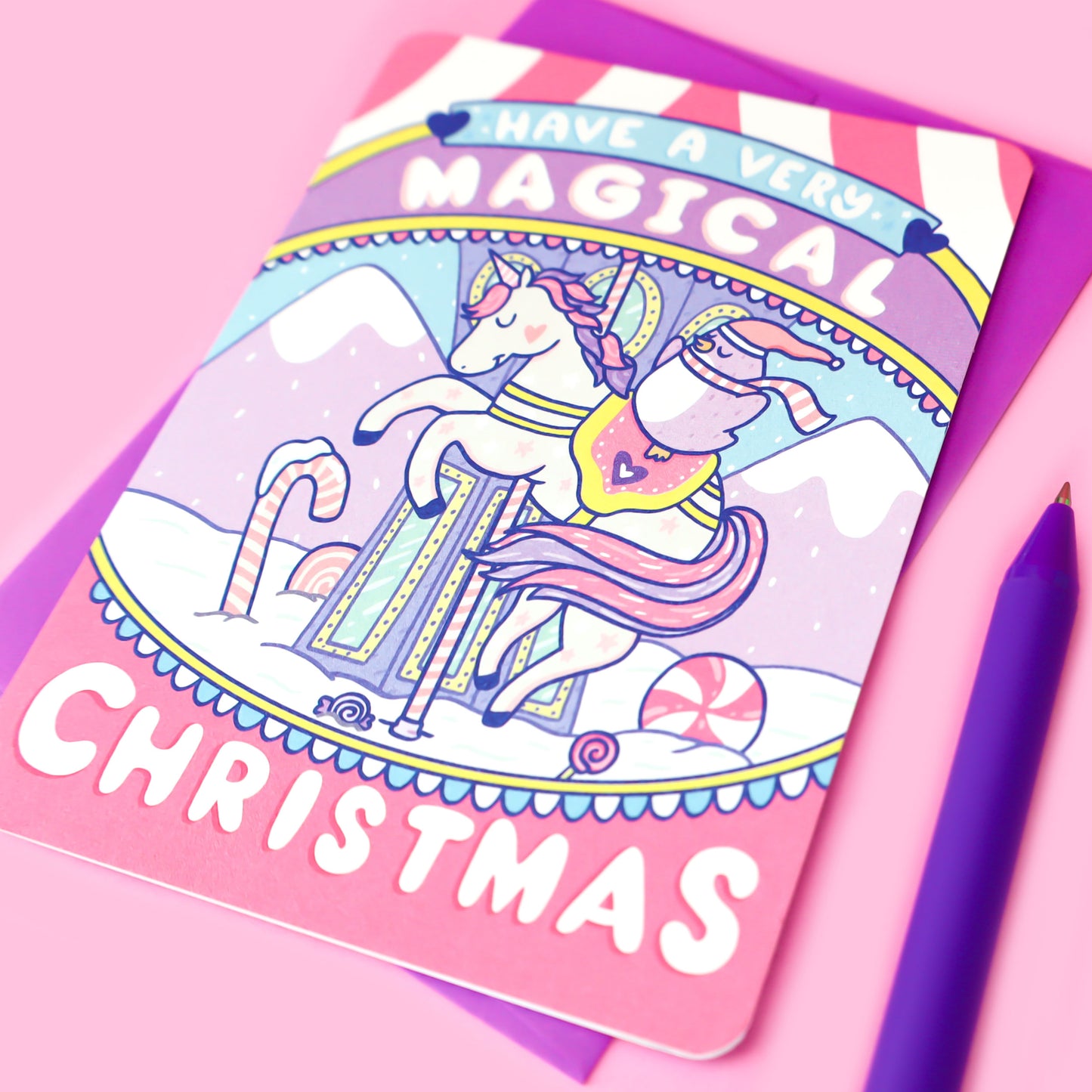 Magical-Christmas-Card-Pastel-Unicorn-Pink-Purple-Merry-Go-Round-Winter-Wonderland-Holiday-Carnival-Card-for-Kids-Children-Turtles-Soup