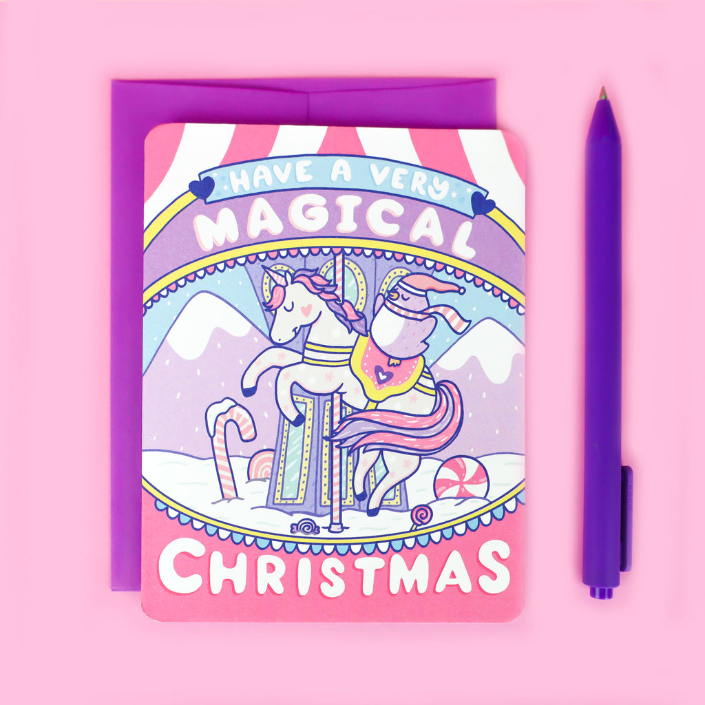 Magical-Christmas-Card-Pastel-Unicorn-Pink-Purple-Merry-Go-Round-Winter-Wonderland-Holiday-Carnival-Card-for-Kids-Children-Turtles-Soup