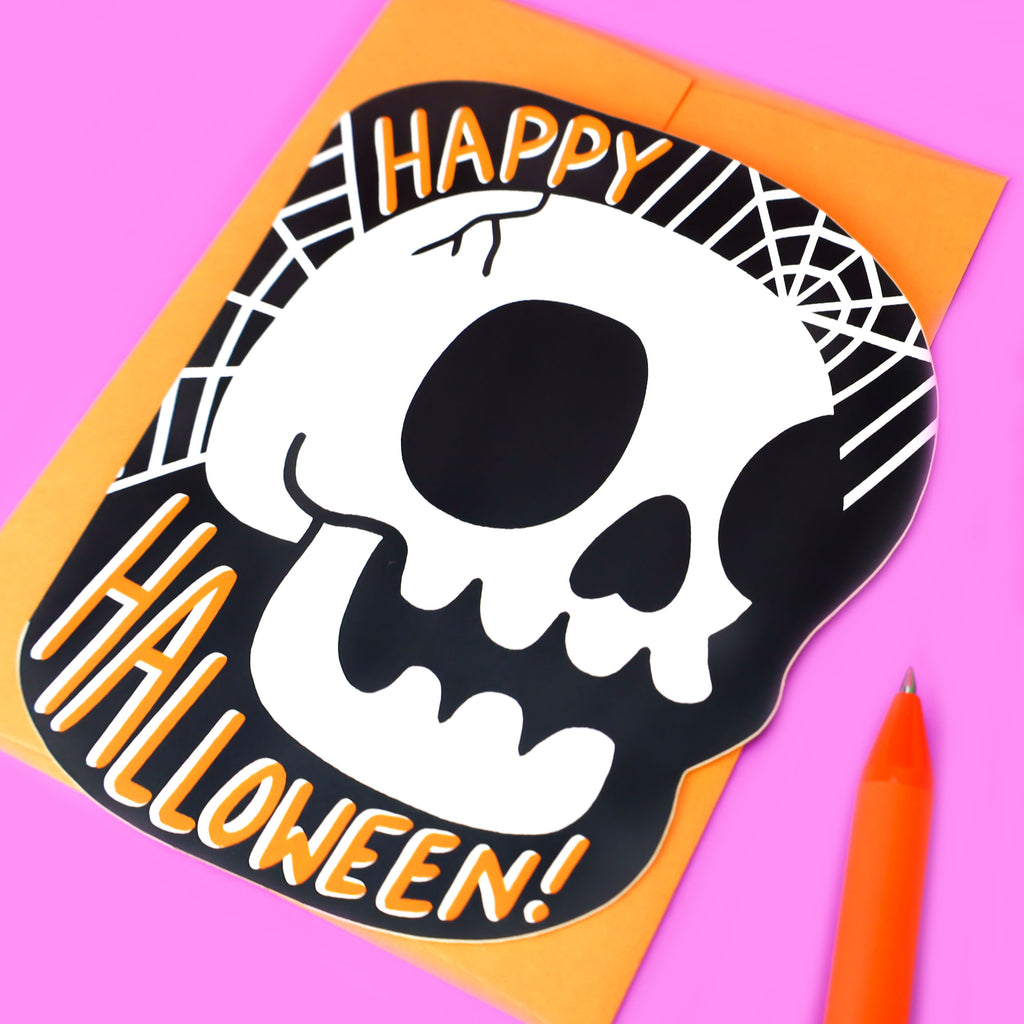 Scary-Happy-Halloween-Skull-Bones-Greeting-Card-Die-Cut-Cool-Spooky-Spider-Webs-Card
