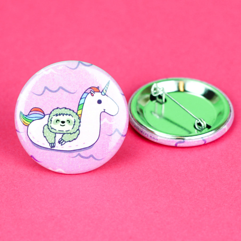 Sloth in a Unicorn Pool Float, Pinback Button, Inflatable, Pool Party, Cute Pin, Illustration, Best Friend Gift, Xmas Gift, Purple, Summer