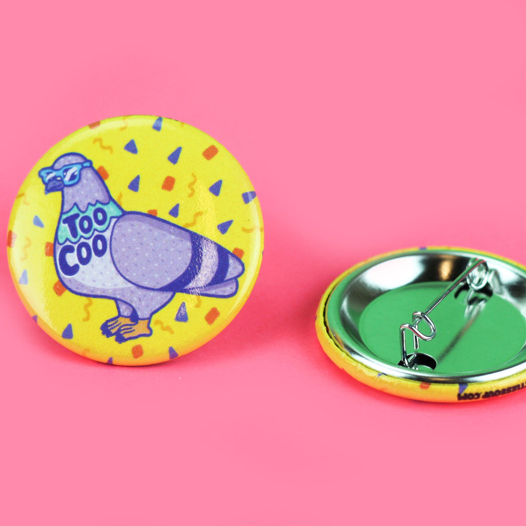 Funny Pigeon Pin, Bird Pin Back button, Too Coo Pigeon, Book Bag Pin, Gift for Him, Unique Gift, Pigeon Art, Bird Button, Backpack Button