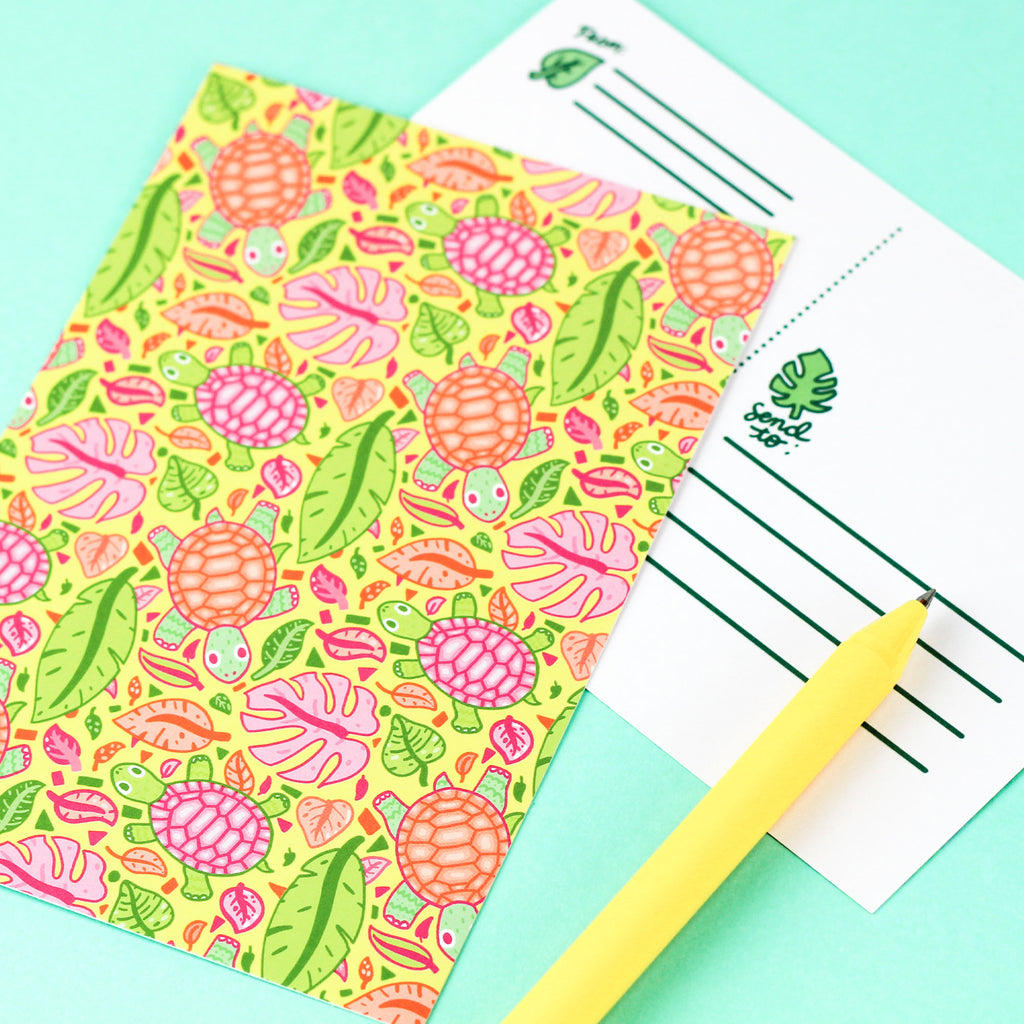 tropical,turtles,plants,cute,monstera,turtles,soup,leaves,stationery,postcard,card,postage