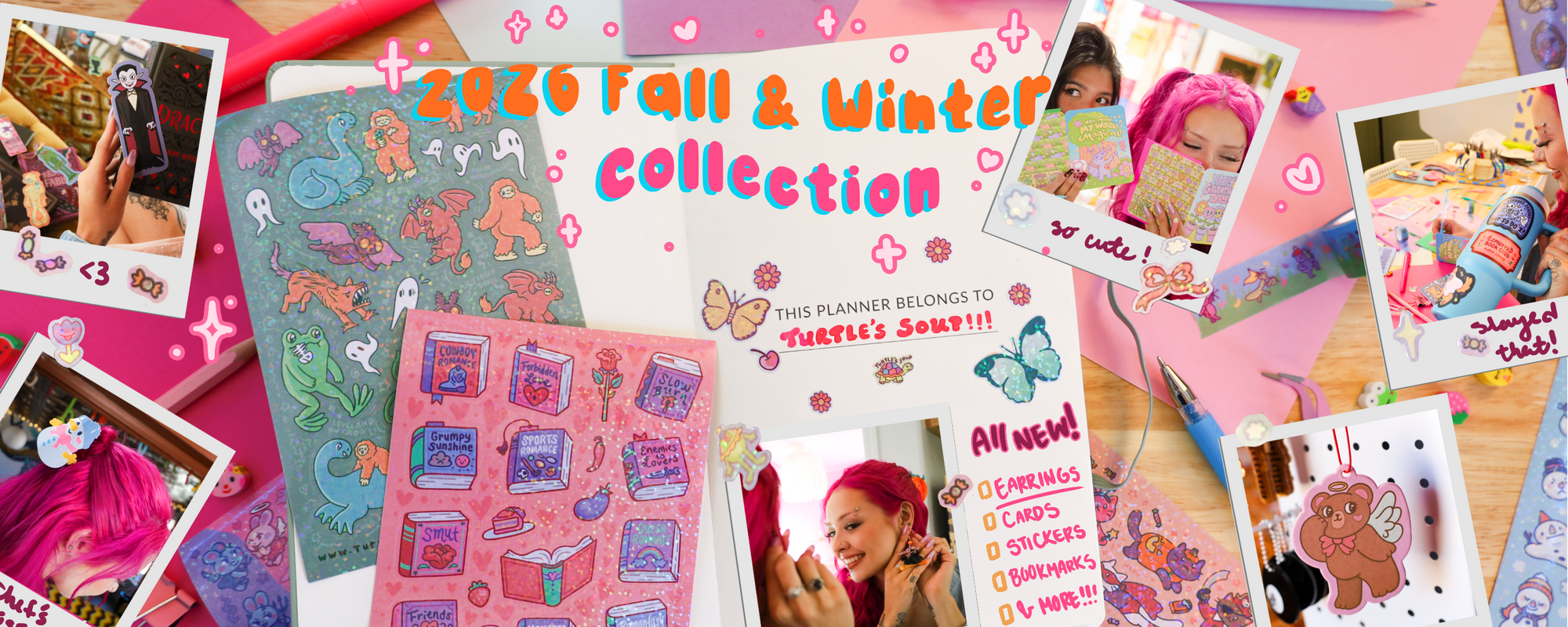 A collage-style promotional graphic for a '2026 Fall & Winter Collection' planner set by Thistle's Shop. The image displays multiple colorful planner pages, stickers, and sample photos of a person with bright pink hair, all arranged on a pink background with decorative text and icons.