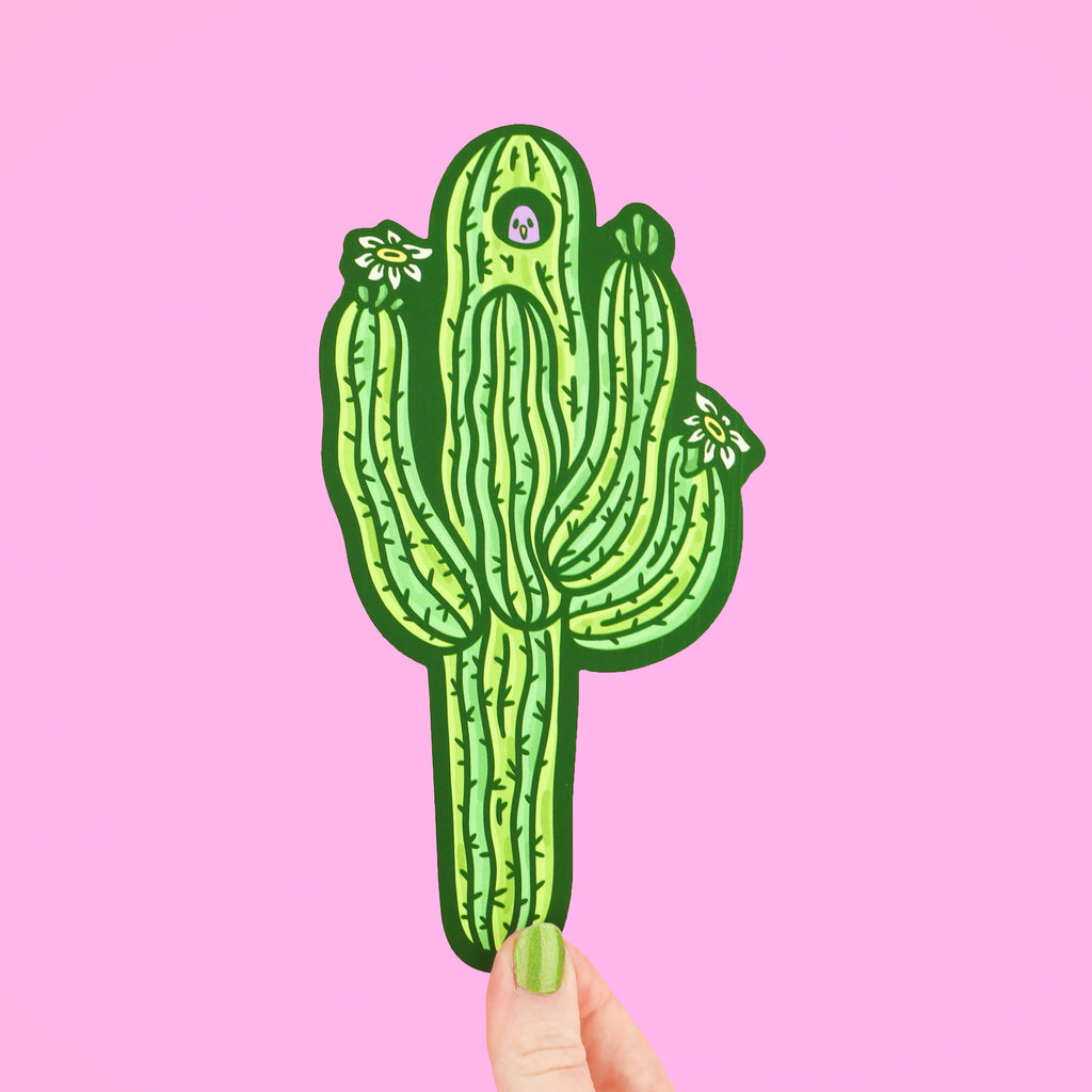 Long bookmark shaped like a saguaro cactus with flowers