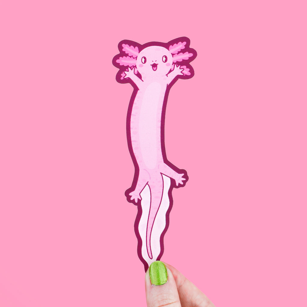 Long bookmark shaped like a pink axolotl