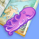 A die-cut sticker shaped like a cartoon octopus in shades of purple and pink, placed on top of an illustrated children's book page against a solid blue background.