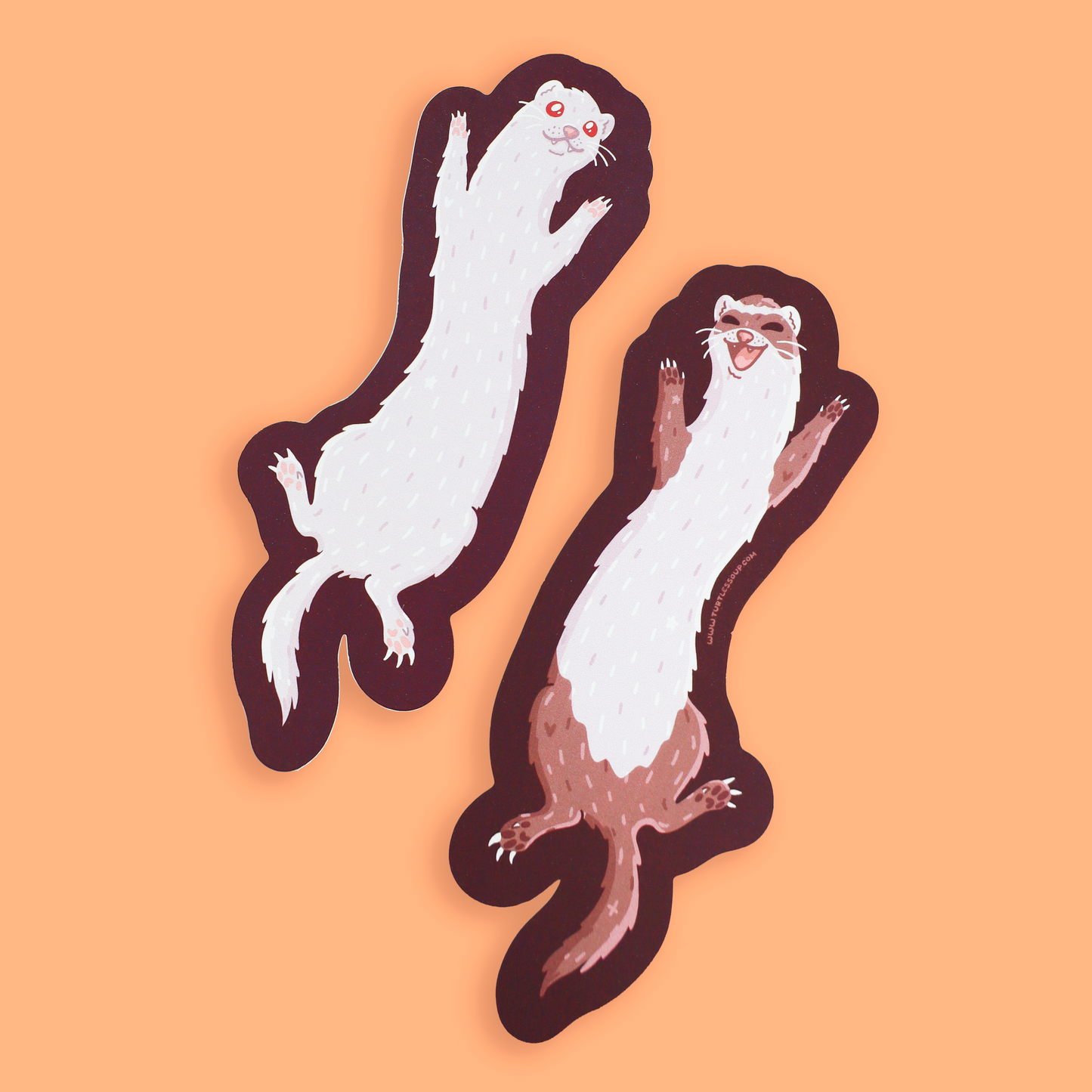 Two cartoon-style ferret stickers on an orange background. The stickers are white and brown with dark outlines, and one ferret is jumping upward while the other is standing with its paws raised.