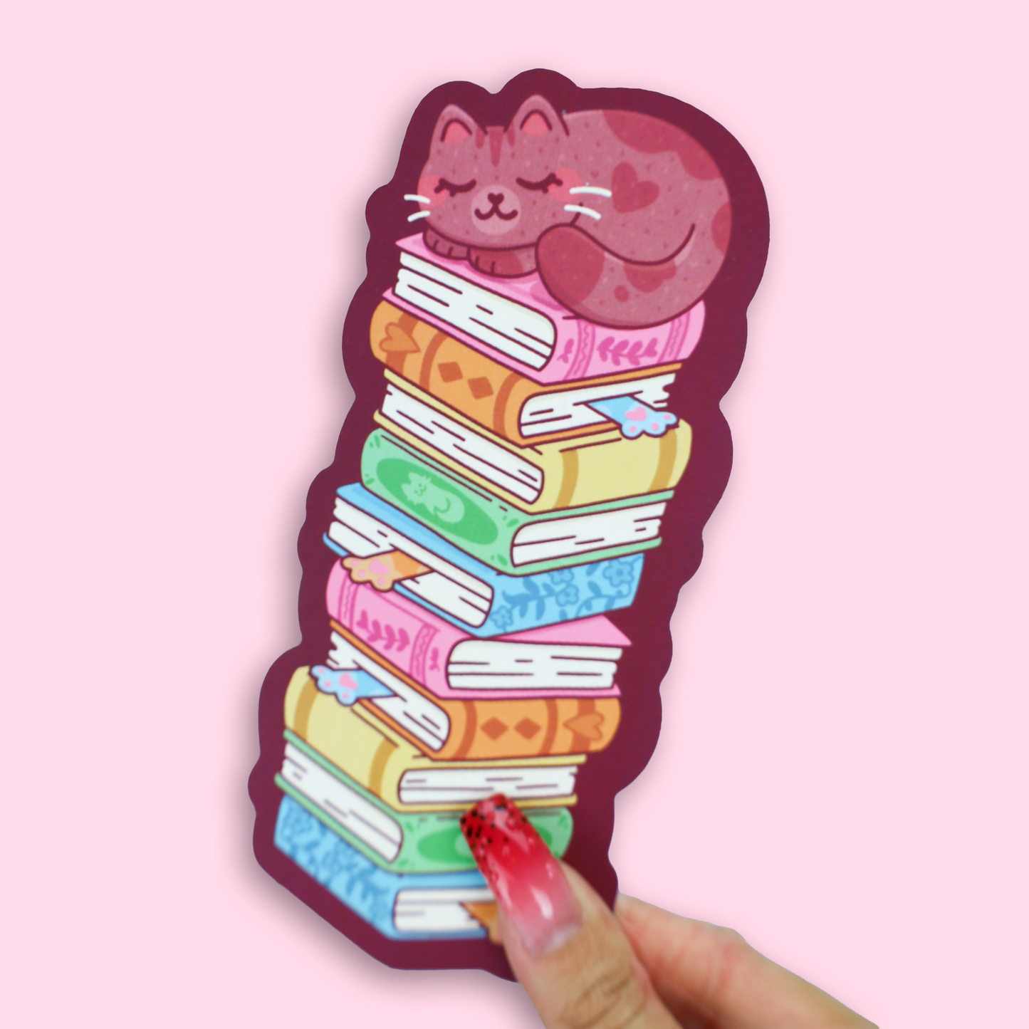 Cozy Sleeping Book Stack Cat Bookmark