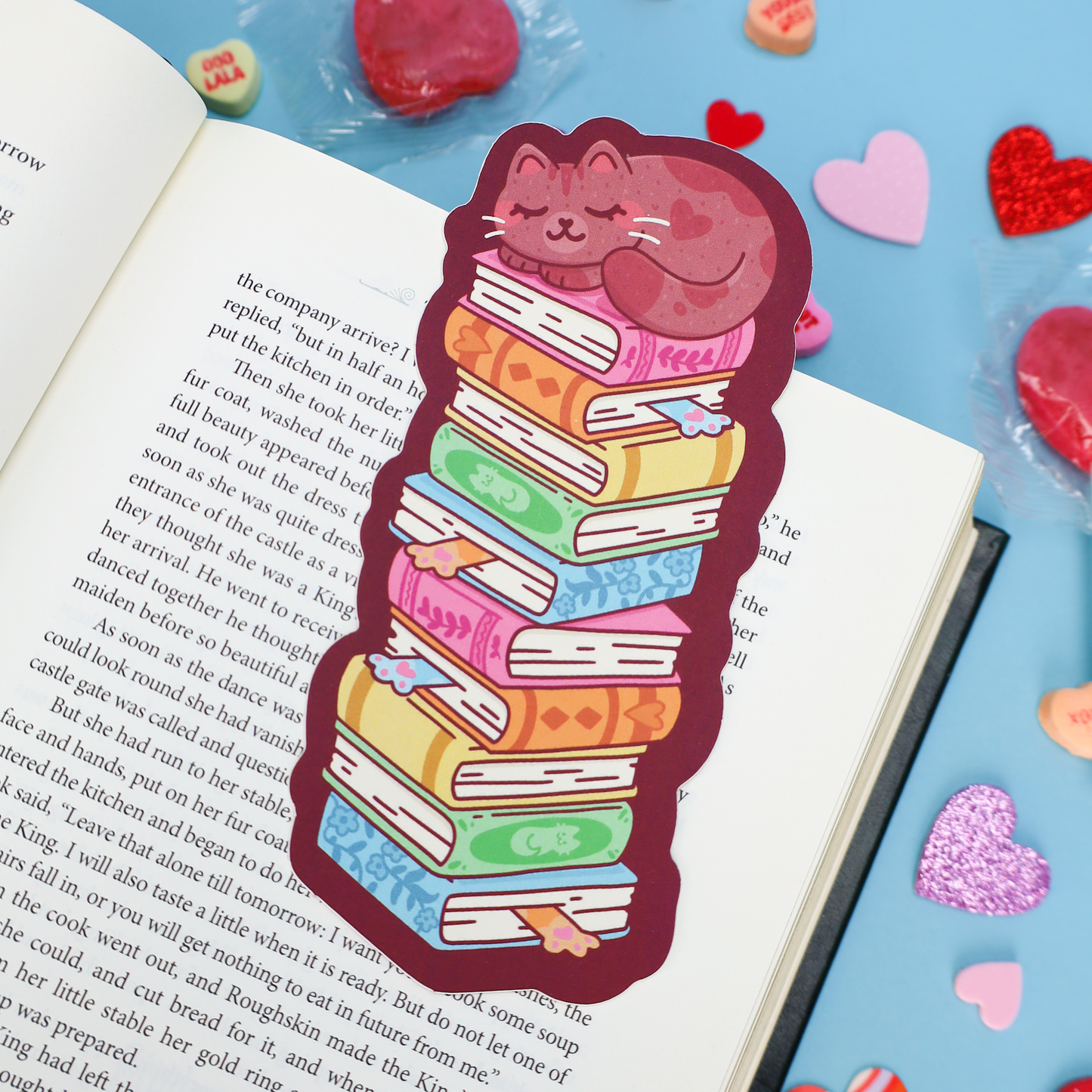 Cozy Sleeping Book Stack Cat Bookmark