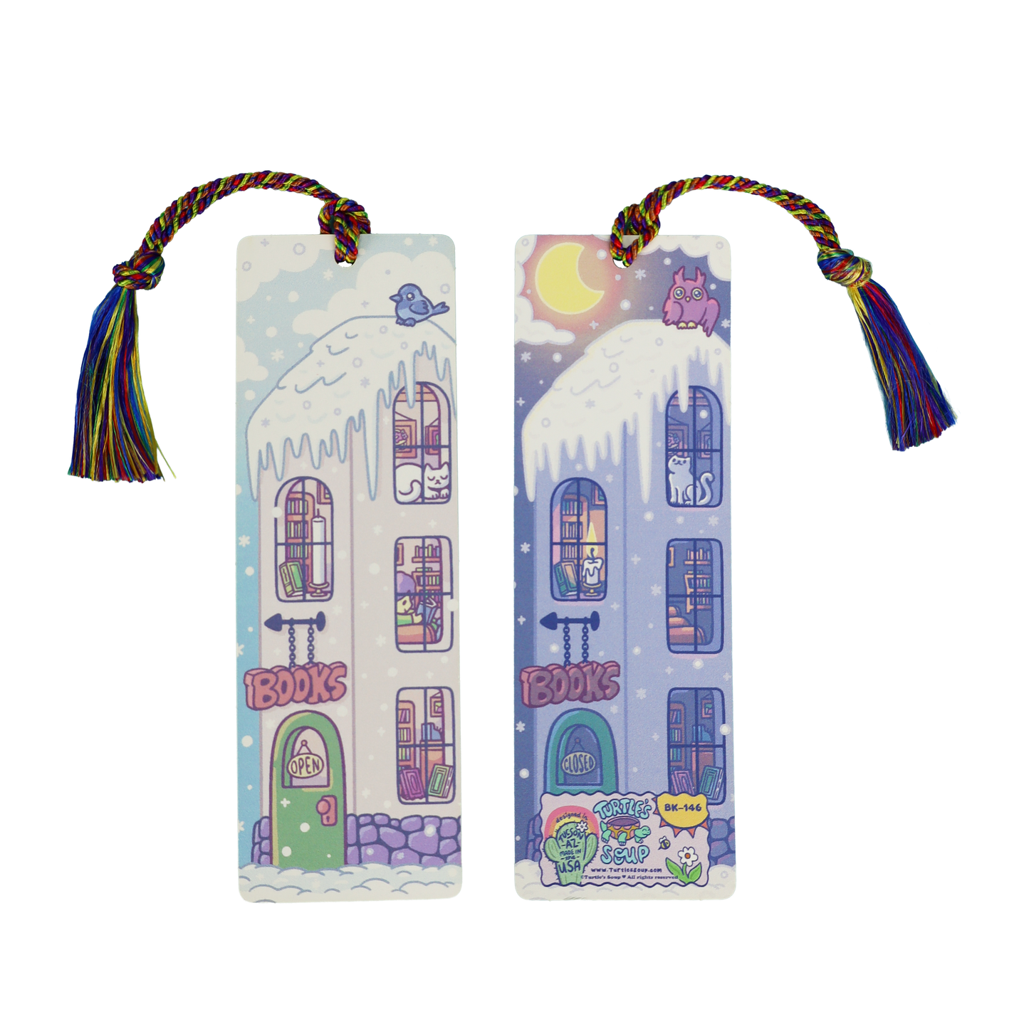 Cozy Snow Day & Night Bookstore Reversible Winter Bookshop Tasseled Bookmark