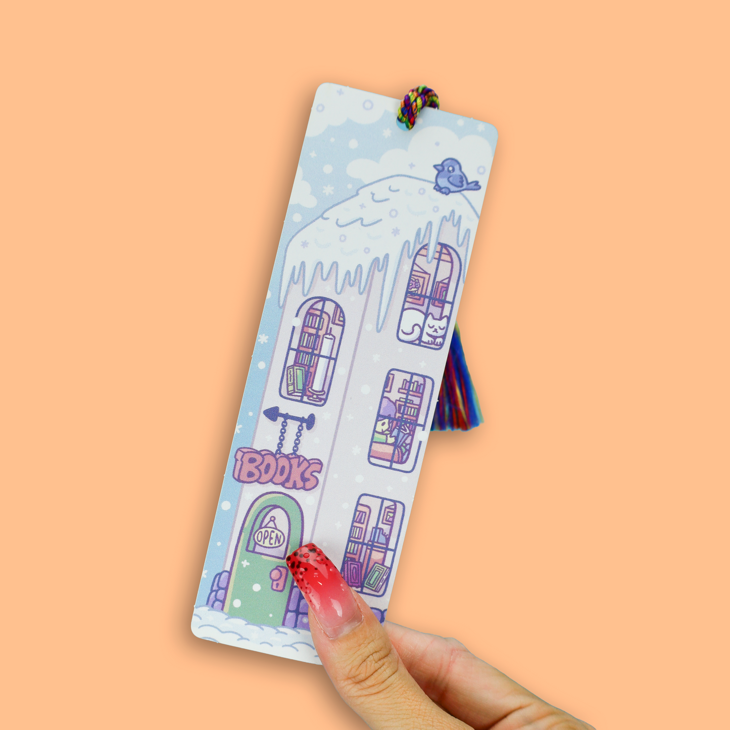 Cozy Snow Day & Night Bookstore Reversible Winter Bookshop Tasseled Bookmark