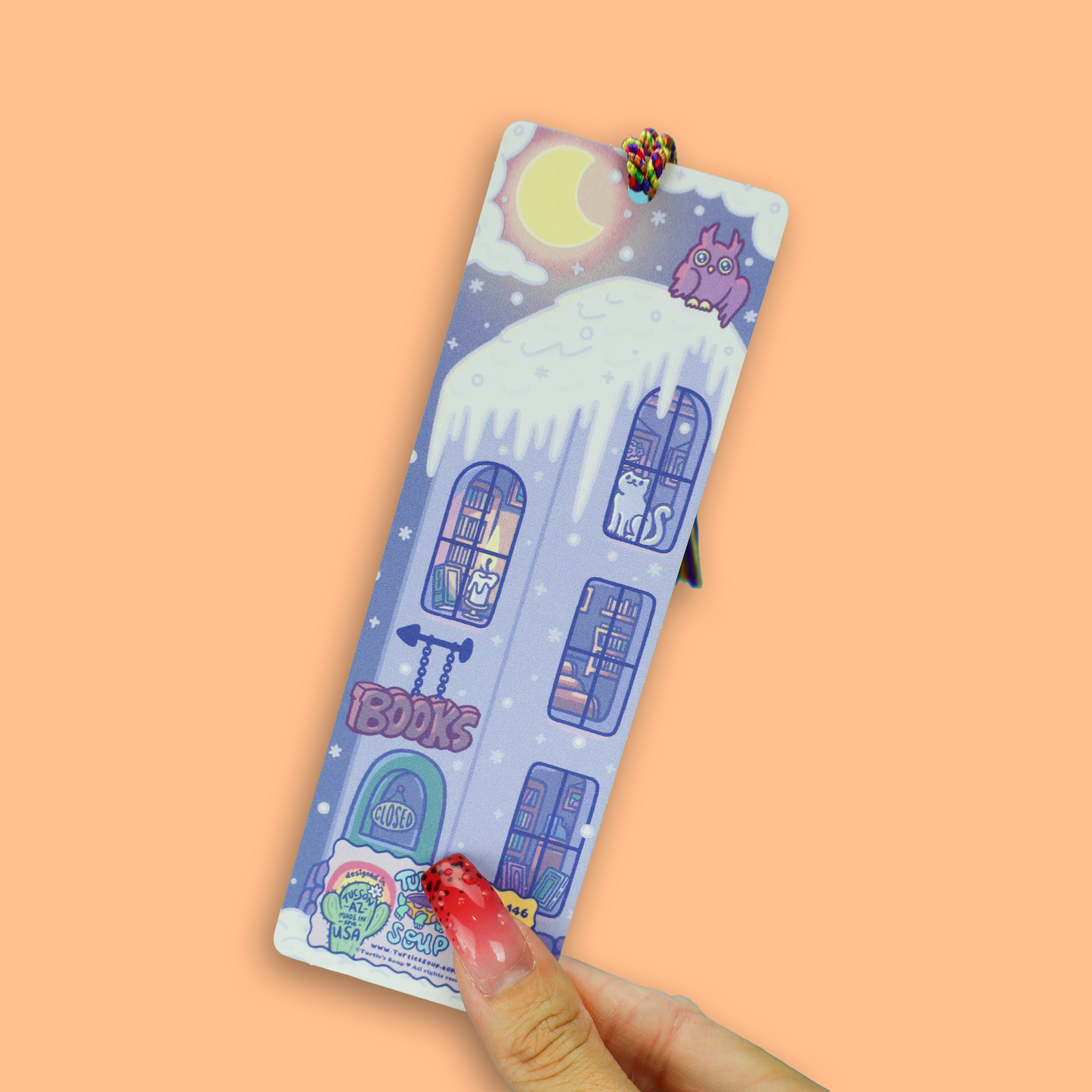 Cozy Snow Day & Night Bookstore Reversible Winter Bookshop Tasseled Bookmark