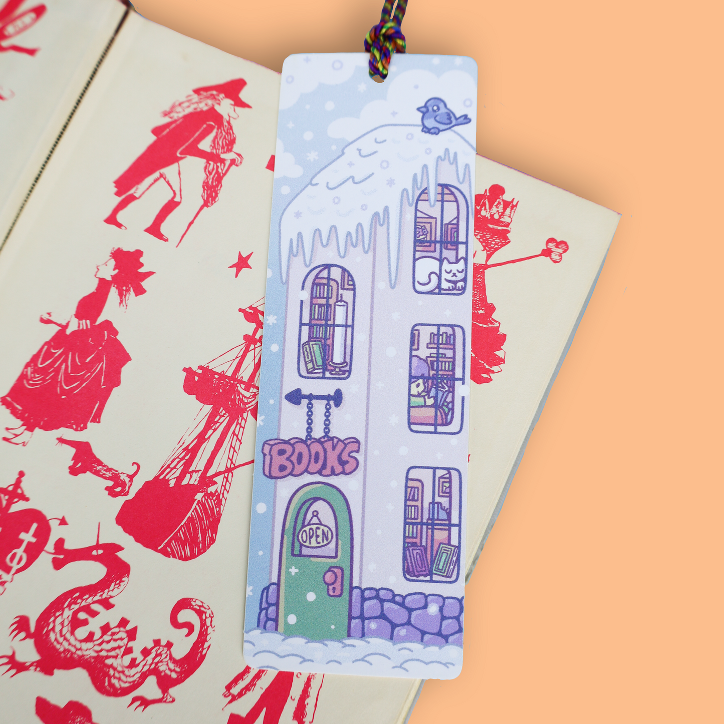 Cozy Snow Day & Night Bookstore Reversible Winter Bookshop Tasseled Bookmark