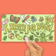 A rectangular printed card or sticker with a light green background and colorful cartoon bugs, held by a hand against a coral-orange backdrop. The card reads “I BRAKE FOR BUGS!” with “www.