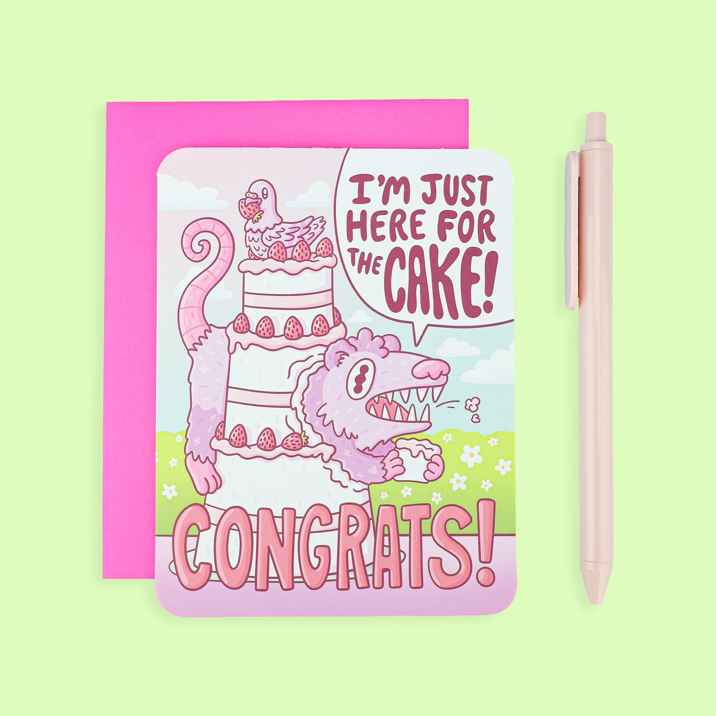 Congrats Cake Opossum Wedding Card
