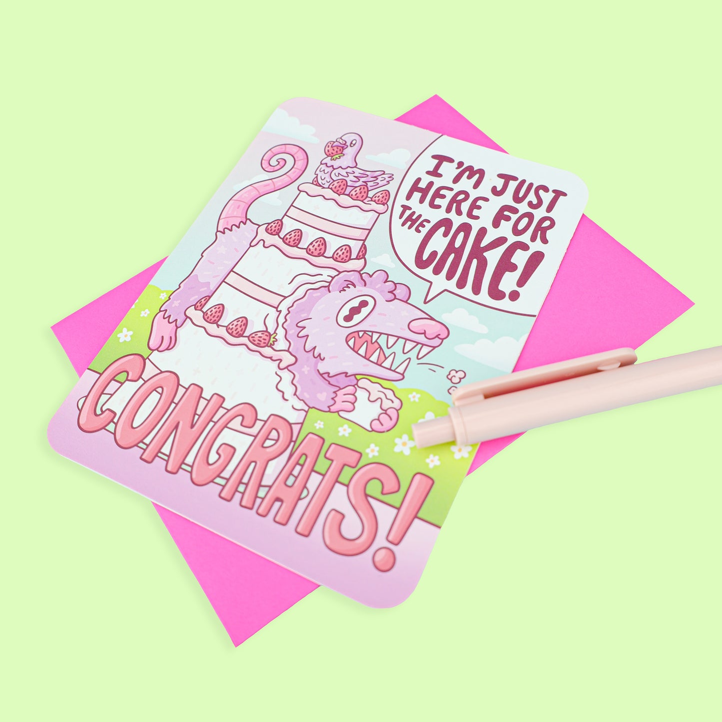 Congrats Cake Opossum Wedding Card