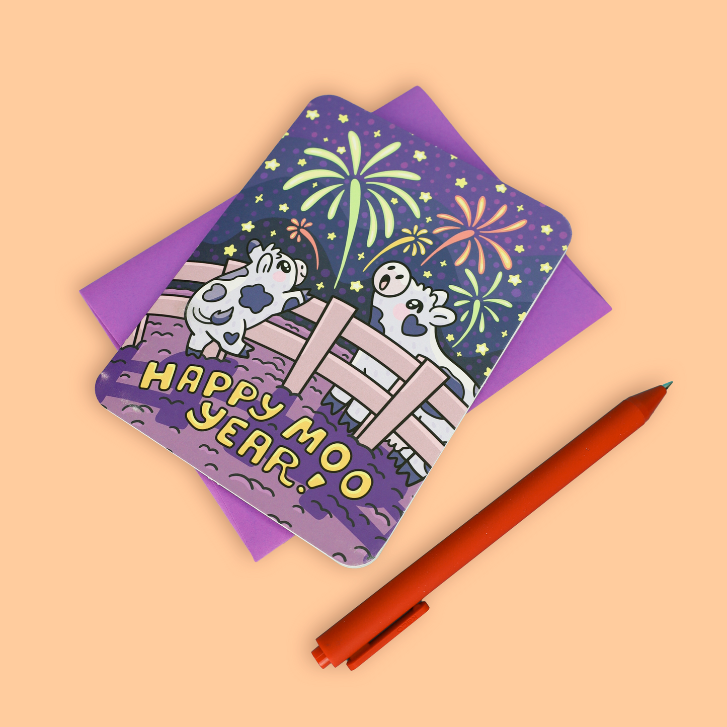 Happy Moo Year Farm New Years Fireworks Greeting Card