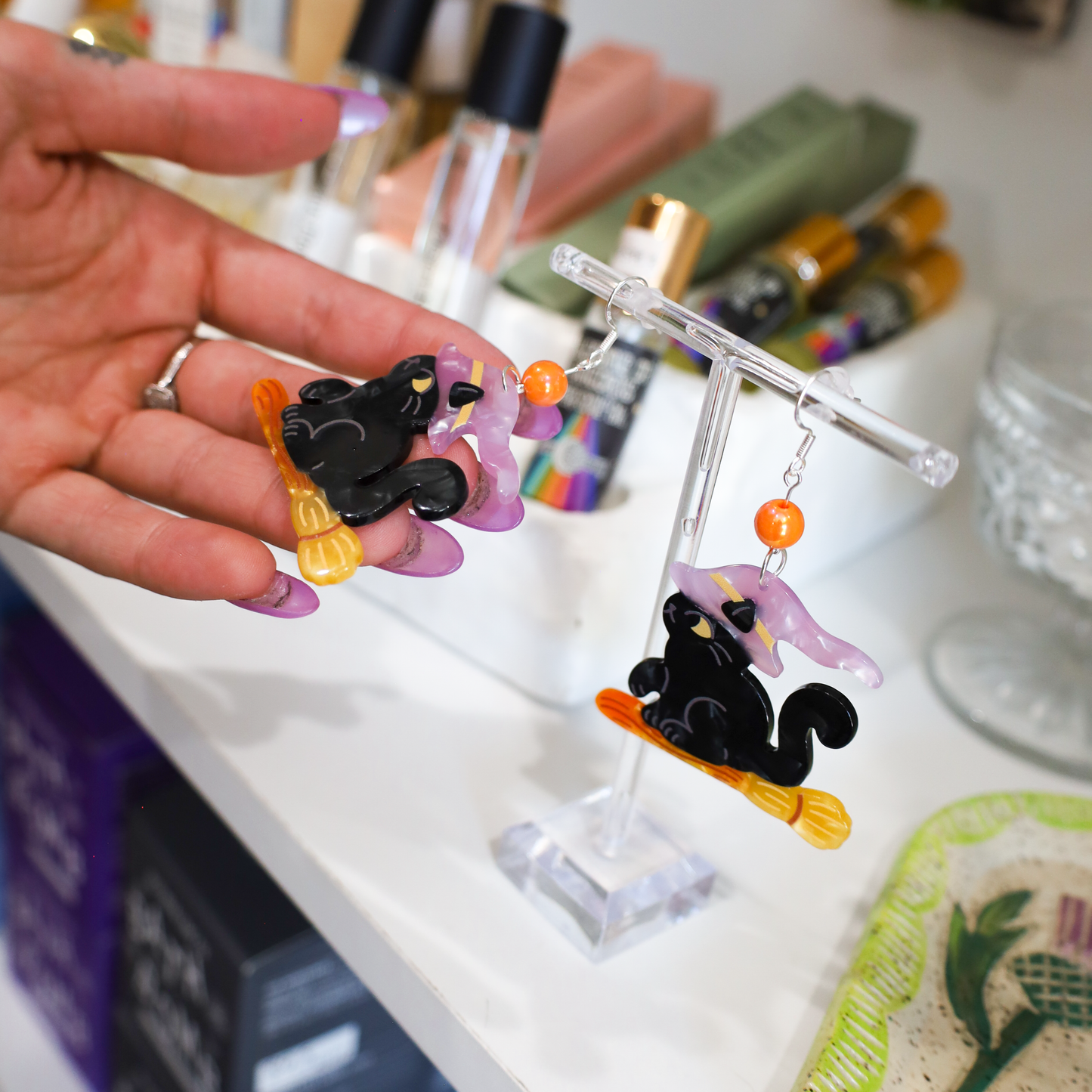Spooky Black Cat Witch on Broomstick Earrings