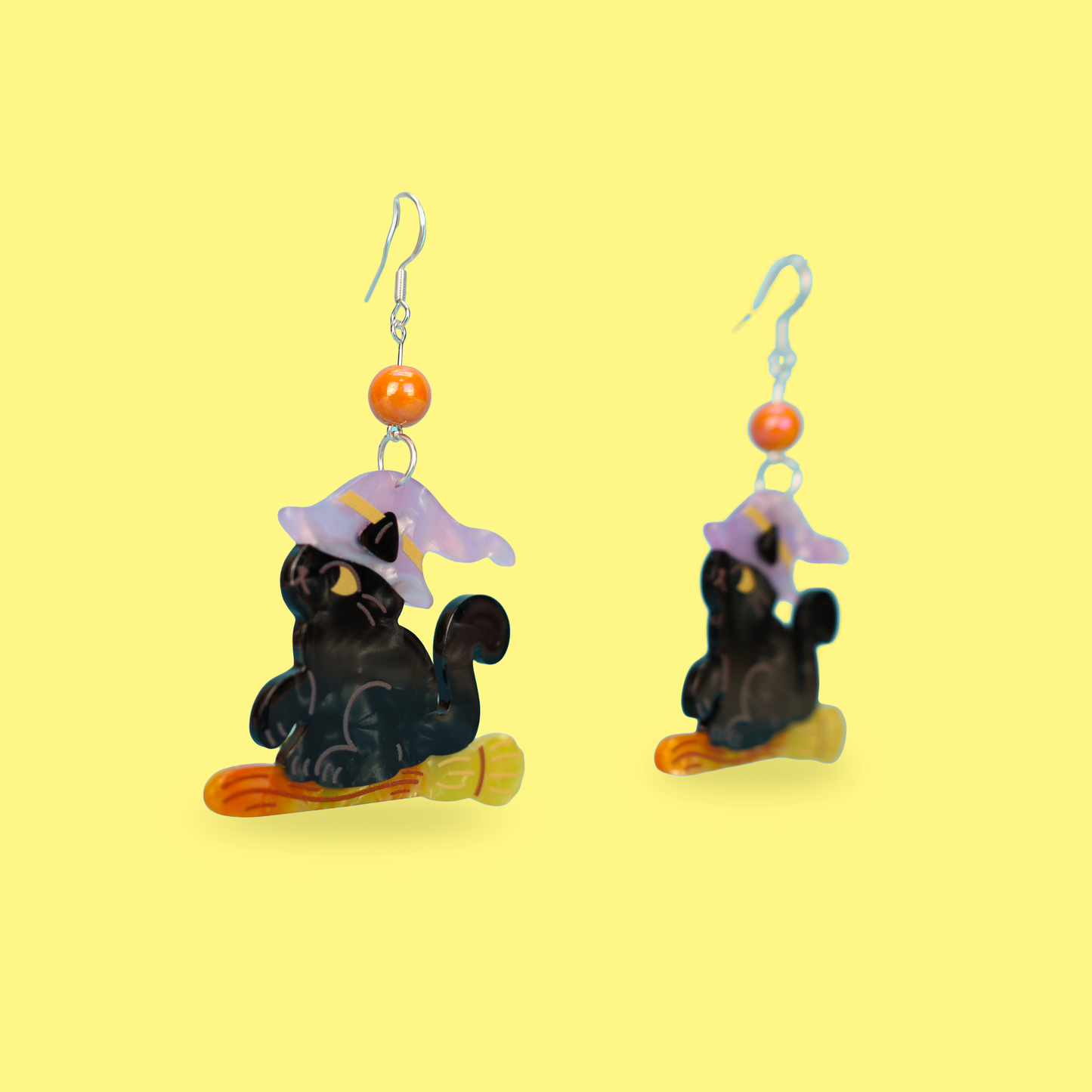 Spooky Black Cat Witch on Broomstick Earrings