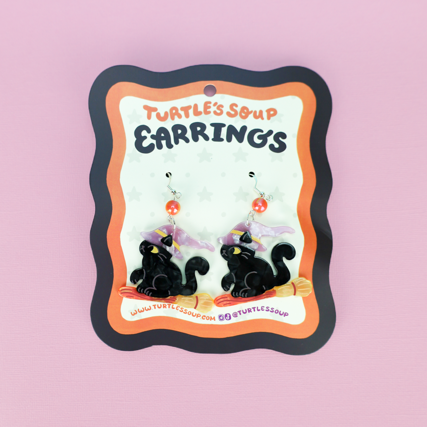 Spooky Black Cat Witch on Broomstick Earrings