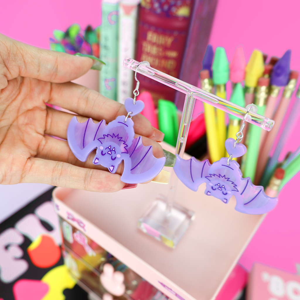 Cute Pastel Purple Hanging Bat Halloween Dangle Earrings