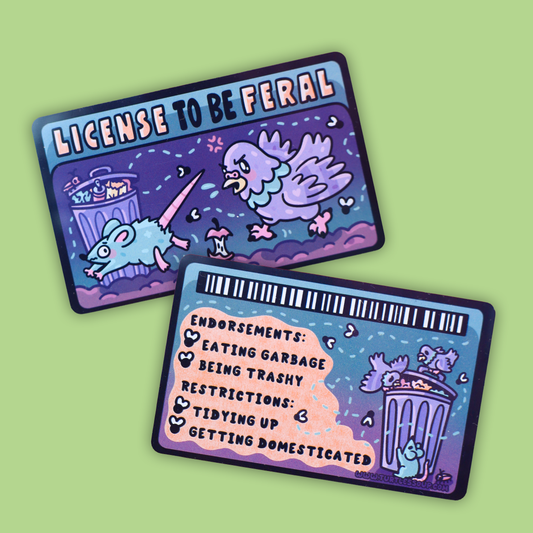 Two illustrated novelty stickers or cards with a cartoon rat and pigeon scene, shown on a light green background. The top card reads “LICENSE TO BE FERAL,” and the bottom card includes text like “ENDORSEMENTS,” “RESTRICTIONS,” and “GETTING DOMESTICATED.