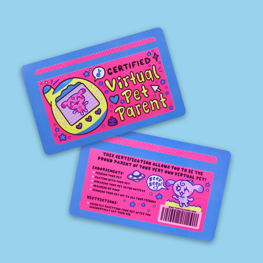 Two blue cards with pink and yellow graphics on a light blue background. The top card reads 'CERTIFIED Virtual Pet Parent' with a Tamagotchi illustration, and the bottom card shows rules and a barcode with a cartoon pet illustration.