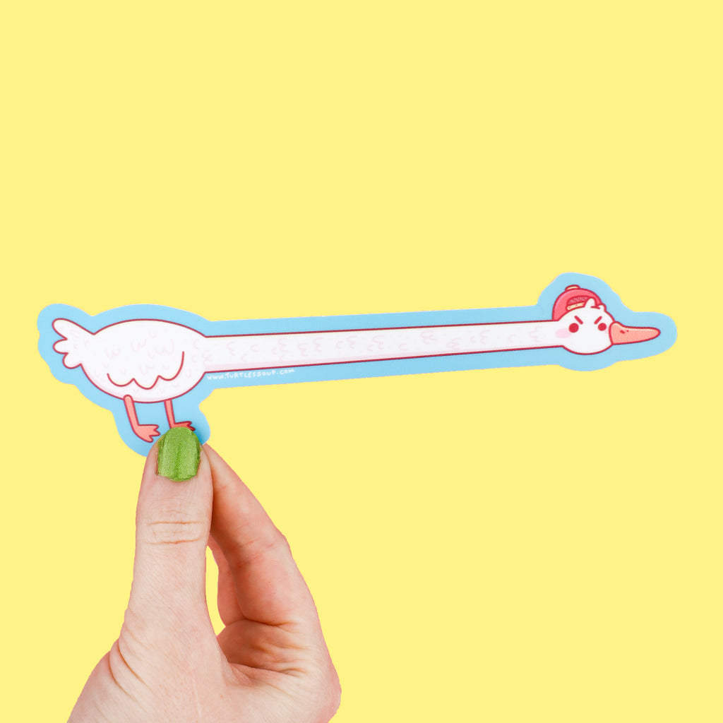 Long sticker shaped like a white goose with a long neck wearing a baseball hat