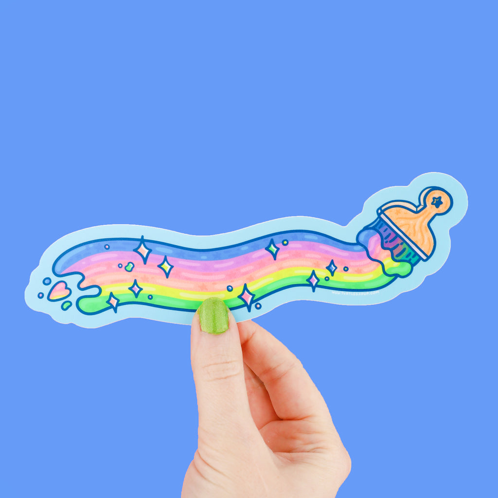 Long sticker shaped like a paintbrush with a streak of rainbow paint