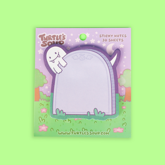 Turtle's Soup 'Graveyard of the Ghosts themed sticky notes in a blister pack with a purple tombstone design and a cartoon ghost.