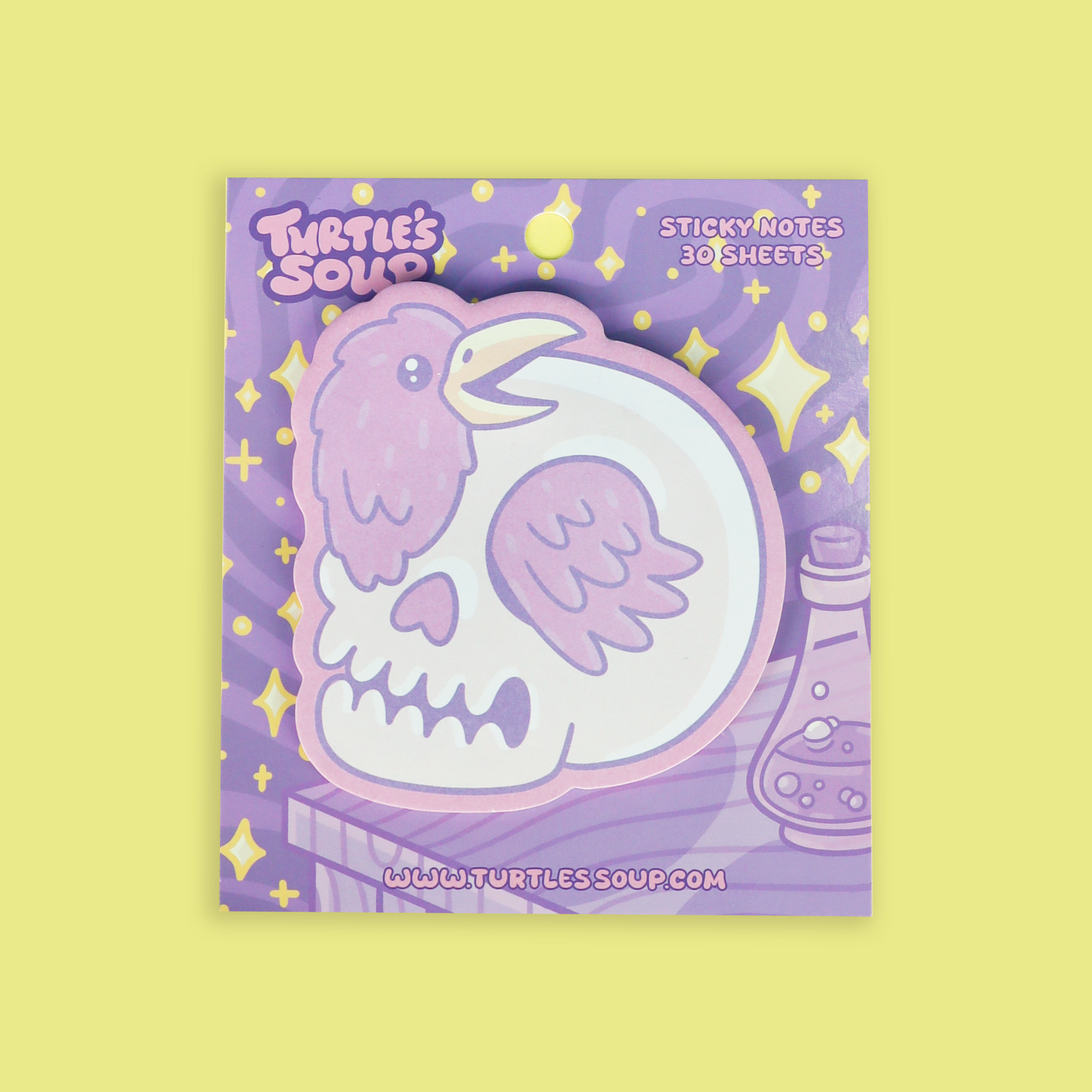 A package of Turtles Soup brand sticky notes, featuring a cute cartoon raven skull design in pastel purple and white on a lavender background with gold star accents.