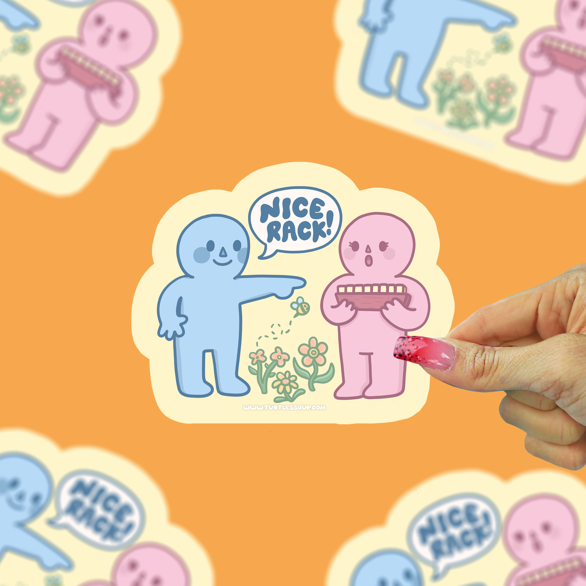 Nice rack mahjong sticker being held against a orange background
