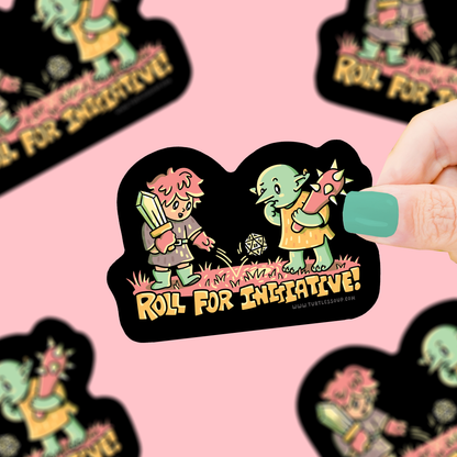 Sticker with cartoon characters and 'Roll for Initiative!' text on a pink background