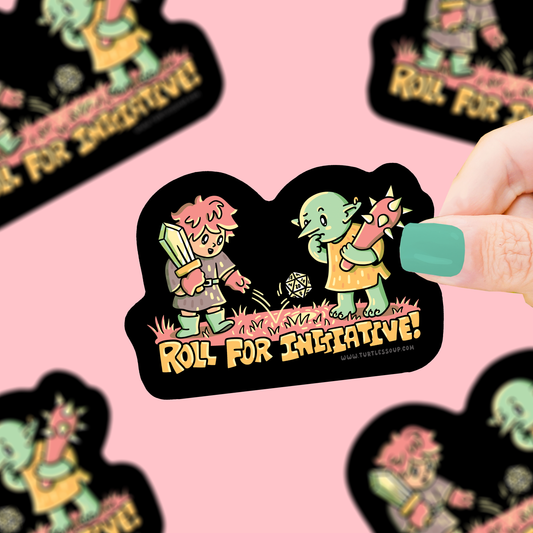 Sticker with cartoon characters and 'Roll for Initiative!' text on a pink background